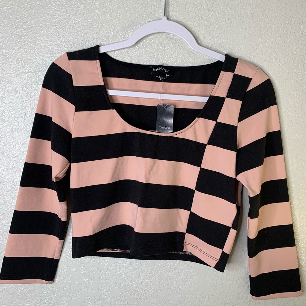 BEBE striped LS crop top
